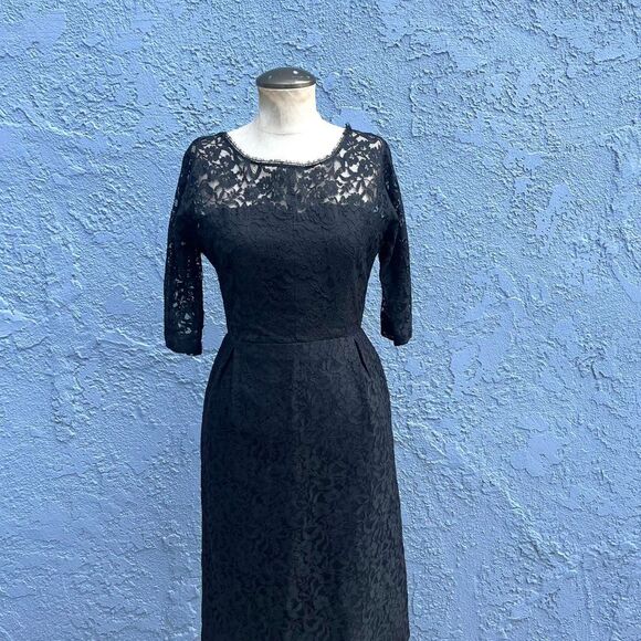 Black Lace Sheath Dress Retro Goth 1950s Size Small - Picture 1 of 8
